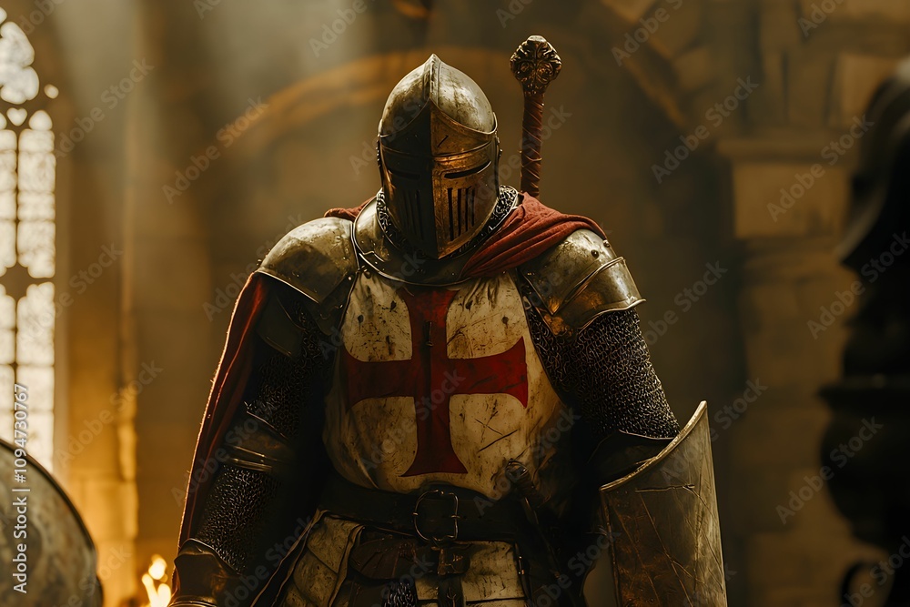 Knight in armor stands in a medieval castle with dramatic lighting Knight in armor stands in a medieval castle with dramatic lighting