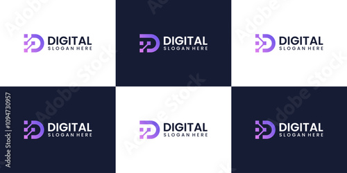 Collection of Technology logo. Initial letter D with connected data technology style design icon vector