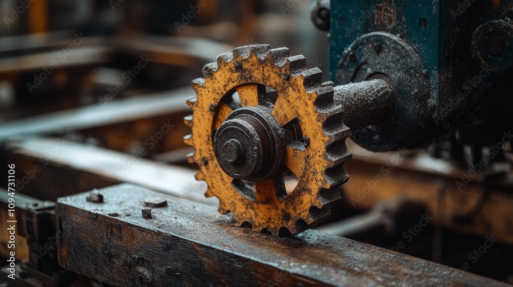 Close-up of a rusty gear and chain on a weathered metal surface Close-up of a rusty gear and chain on a weathered metal surface