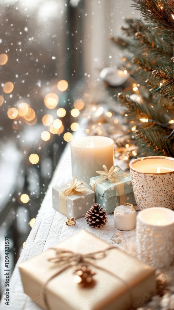 Cozy winter scene with candles and gifts by a decorated Christmas tree, AI Cozy winter scene with candles and gifts by a decorated Christmas tree, AI