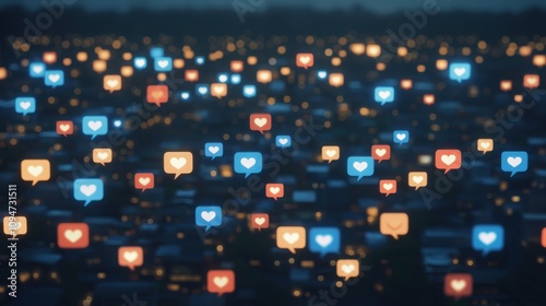 Social Media Engagement Analysis Urban Setting Digital Illustration Nighttime Aesthetic View Connection Concepts