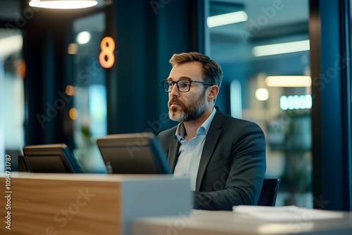 Business professional working at a modern office reception desk