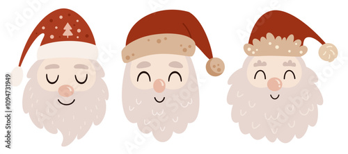 Santa Claus clipart. Santa face clipart. Cute Christmas character. Hand draw vector illustration in flat style
