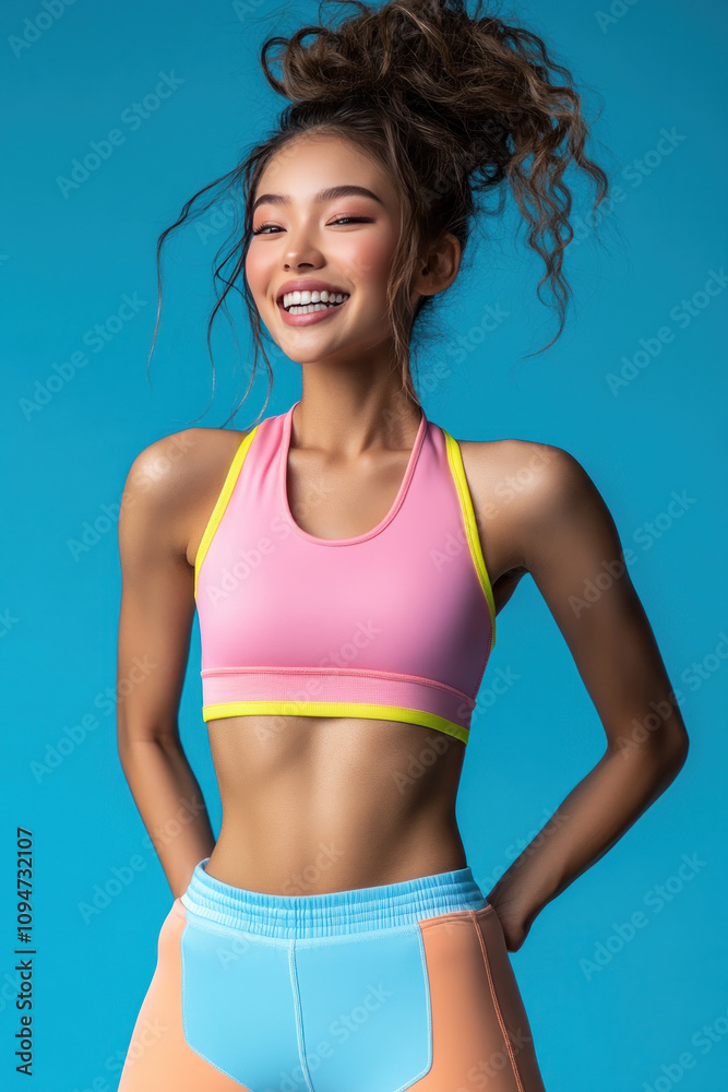 Fototapeta premium Japanese fitness woman wearing sportswear sweating during exercise
