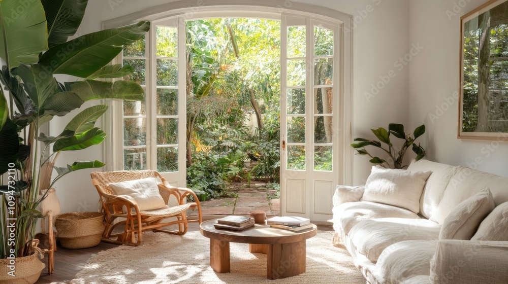 Bright living room with cozy seating and lush garden view, AI