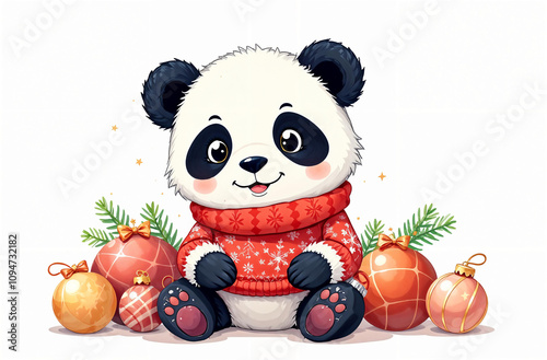 Cute panda in a festive sweater surrounded by colorful ornaments celebrates the holiday season