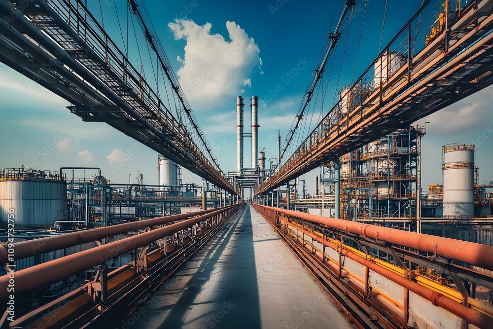 Obraz premium Industrial walkway connecting large structures in a chemical plant