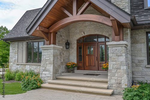 Charming stone house entrance with installed stone veneer, wooden door and floral accents