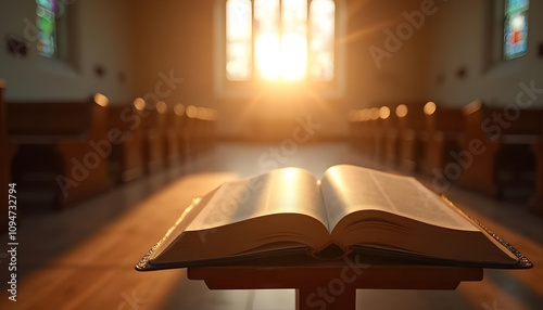 Open Bible on a stand with sunlight streaming through church windows, creating a peaceful ambiance