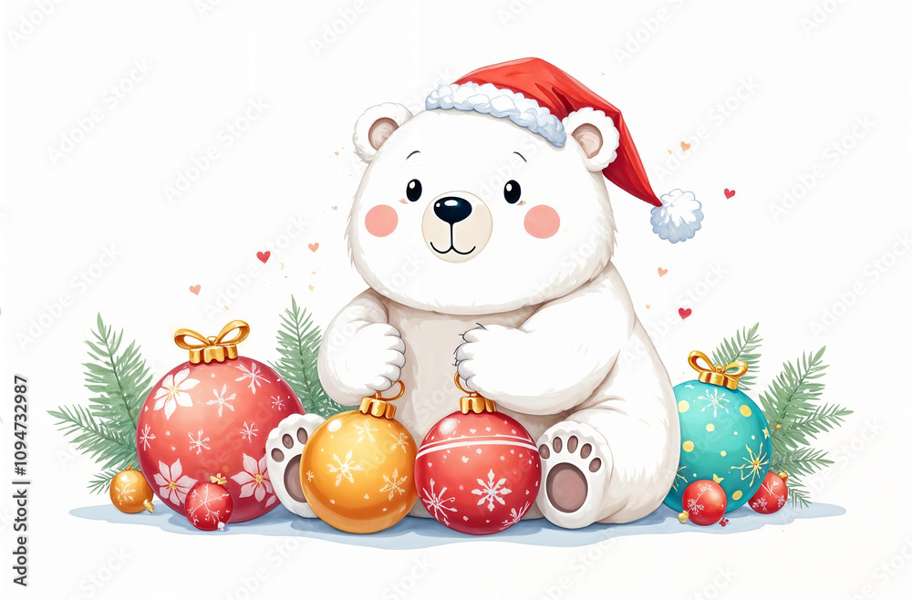 Festive polar bear wearing a Santa hat with colorful ornaments during winter celebration Festive polar bear wearing a Santa hat with colorful ornaments during winter celebration