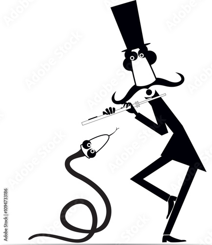 Cartoon musician playing flute to snake. 
Funny tamer in the top hat playing flute to snake. Black and white illustration
