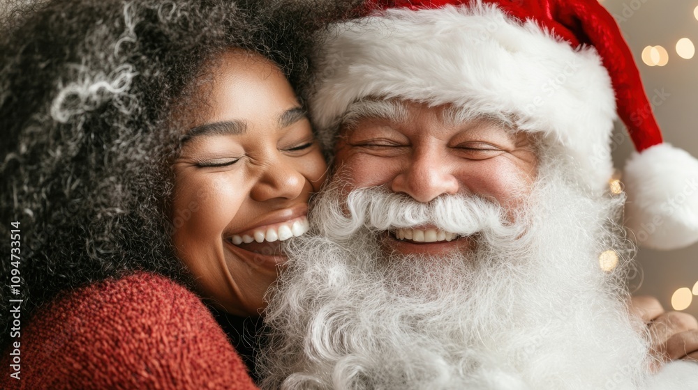 Obraz premium Joyful holiday moment with a woman and Santa Claus sharing a warm embrace, AI