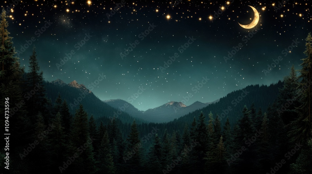 Fototapeta premium Starry night sky with crescent moon over a serene forest landscape, AI