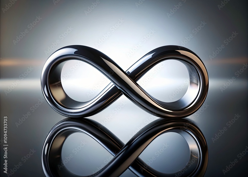 Glossy Black Infinity Symbol on a Reflective Surface with High Depth of Field for Abstract Concepts of Eternity, Infinity, and Boundless Possibilities Glossy Black Infinity Symbol on a Reflective Surface with High Depth of Field for Abstract Concepts of Eternity, Infinity, and Boundless Possibilities