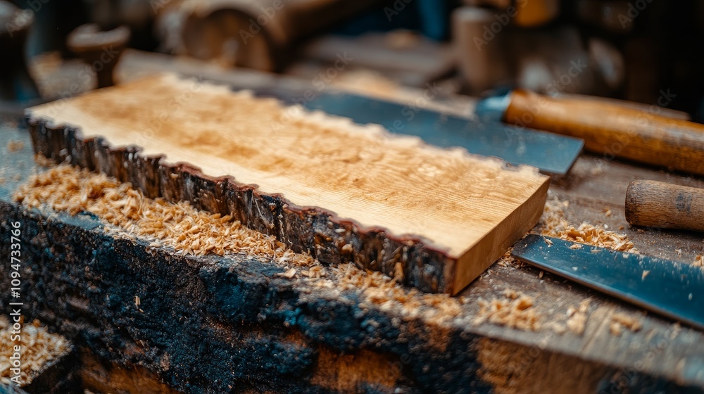 A Piece of Wood Being Worked on in a Workshop A Piece of Wood Being Worked on in a Workshop