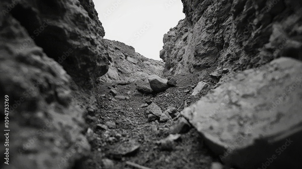 Fototapeta premium Detailed View of Rocky Terrain in Monochrome: A Narrow Pathway Among Medley of Stones and Gravel with Textured Surfaces in Unconventional Perspective