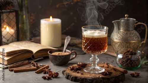 A steaming glass of buttered rum served beside a lit candle and an open book, creating a warm and nostalgic winter ambiance.