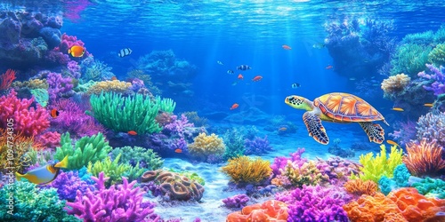 Fototapeta Naklejka Na Ścianę i Meble -  A vibrant coral reef teeming with fish and a sea turtle.