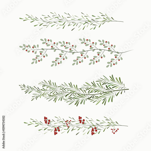 Illustration of Christmas pine branches. Green needles and berries. Christmas decor elements. Vector illustration