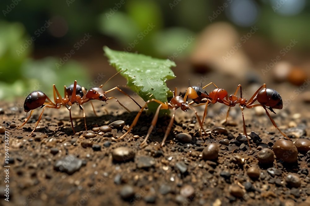 A group of ants work together to transport leaves. A group of ants work together to transport leaves.