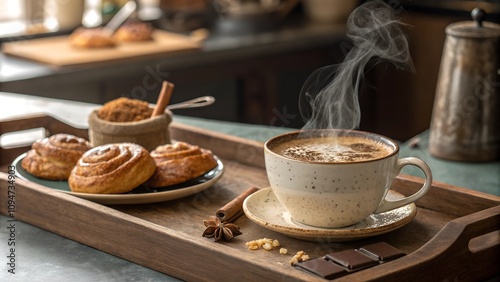 A steaming cup of cinnamon-spiced coffee served with freshly baked cinnamon buns on a wooden tray, creating a cozy atmosphere.