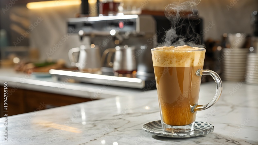 A tall glass of caramel latte with frothy foam and caramel drizzle, placed on a sleek marble countertop in a modern café setting. A tall glass of caramel latte with frothy foam and caramel drizzle, placed on a sleek marble countertop in a modern café setting.