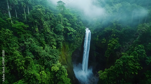 Wallpaper Mural Aerial view of a misty waterfall cascading down lush green jungle cliffs. Torontodigital.ca