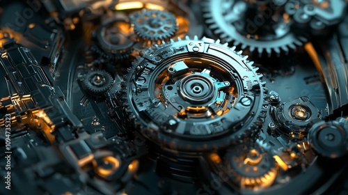 Intricate mechanical gears and clockwork components are displayed shining metallic surfaces and glowing highlights exemplifying futuristic engineering artistry and design