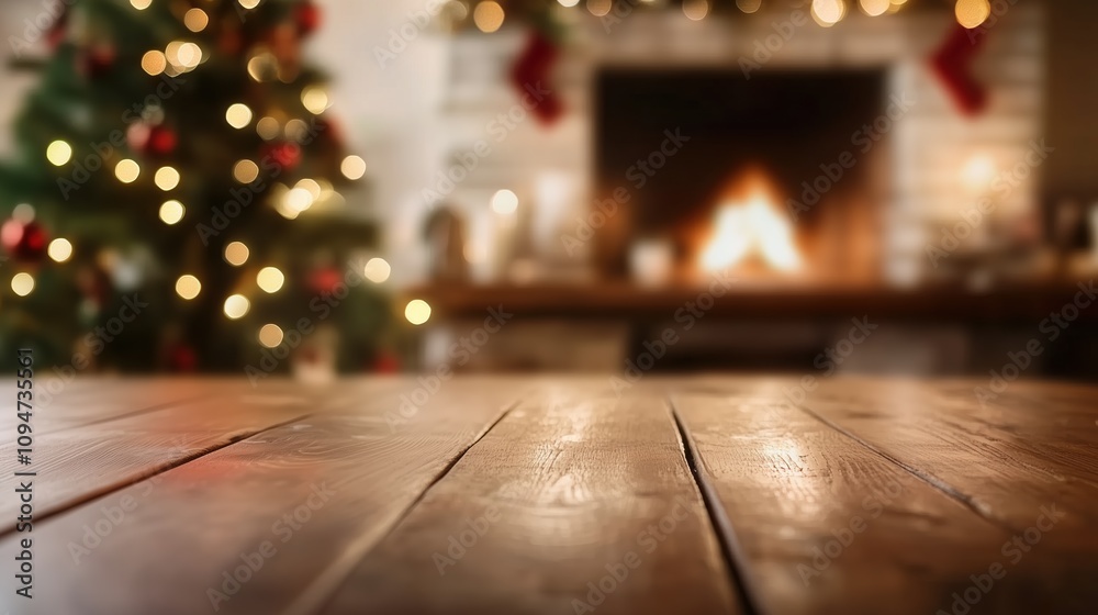 Christmas tree and fireplace, with a blurred background and copy space Christmas tree and fireplace, with a blurred background and copy space
