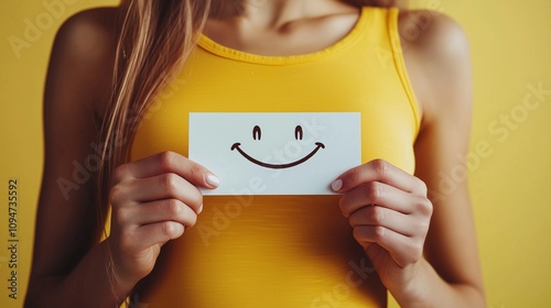 Woman holding a smiley card, symbolizing happiness and stress relief.
