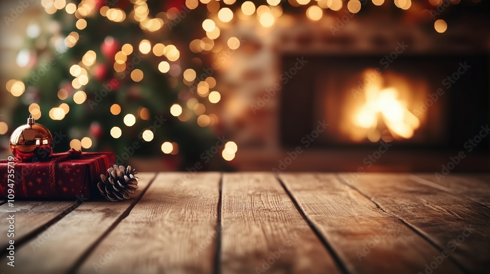 Christmas tree and fireplace, with a blurred background and copy space Christmas tree and fireplace, with a blurred background and copy space