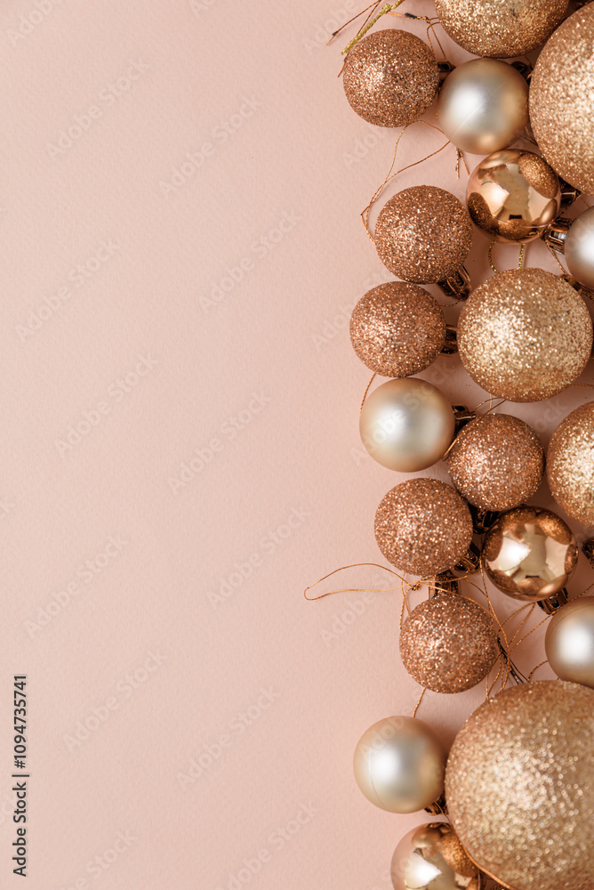 Beige Christmas background with golden stars and glitter ornaments. Christmas and Happy New Year celebration concept. Top view Beige Christmas background with golden stars and glitter ornaments. Christmas and Happy New Year celebration concept. Top view