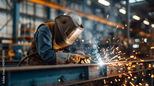 Skilled welder focuses on joining metal pieces using a welding torch, creating sparks in a vibrant industrial environment filled with equipment and materials