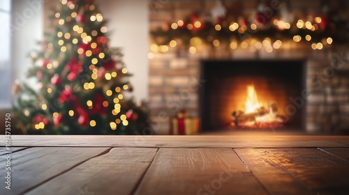 Christmas tree and fireplace, with a blurred background and copy space
