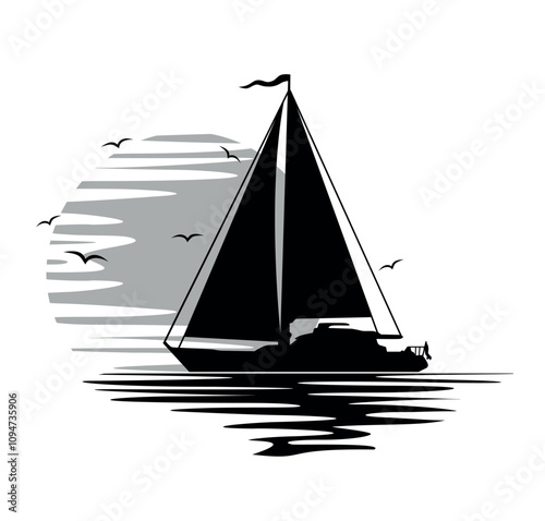 Sailing yacht in the sea with waves surrounded by seagulls on sunset backdrop. Vector logo template on transparent background