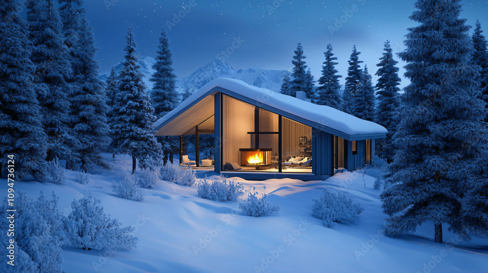 An artistic rendering of a mountain cabin covered in snow with a glowing fireplace visible through the window, surrounded by snowy pine trees under the night sky. An artistic rendering of a mountain cabin covered in snow with a glowing fireplace visible through the window, surrounded by snowy pine trees under the night sky.