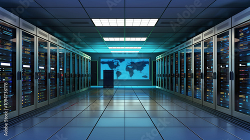 Rows of organized server racks fill a spacious datacenter, illuminated by cool artificial lighting. Digital display at the end shows global data connections and analytics