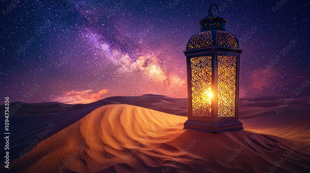 Glowing lantern in a starry desert scene Glowing lantern in a starry desert scene