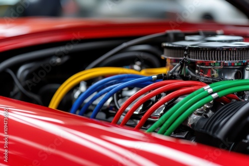 Colorful Wires in a Racing Engine Bay Showcasing Performance Enhancements and Mechanical Precision in a Sports Car Setup photo