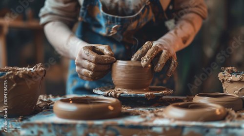 Fingers gently shape wet clay into cup at pottery workshop. Surrounding tools and pottery pieces highlight creative process of crafting unique ceramic art. Small business