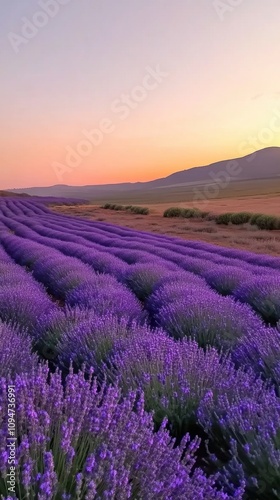 Lavender fields stretch under a vibrant sunset sky, creating a serene landscape, AI