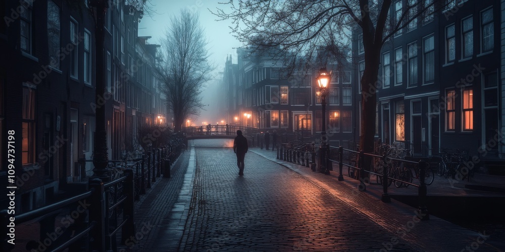 Amsterdam's historic city center at dawn. Quiet streets, traditional houses, and picturesque bridges. Amsterdam's historic city center at dawn. Quiet streets, traditional houses, and picturesque bridges.