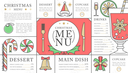 Holiday line art Merry Christmas and Happy New Year menu design. Flat design. Vector illustration