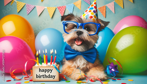 Adorable dog in glasses and a blue bow tie, surrounded by colorful balloons and a birthday cake with candles