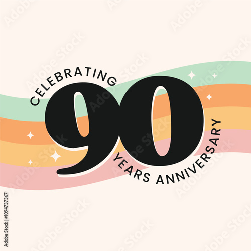 90 years anniversary greeting card with cute lettering and background. 90th birthday celebrating poster, banner, template. Number 90 logo, sticker, label, tag, badge.