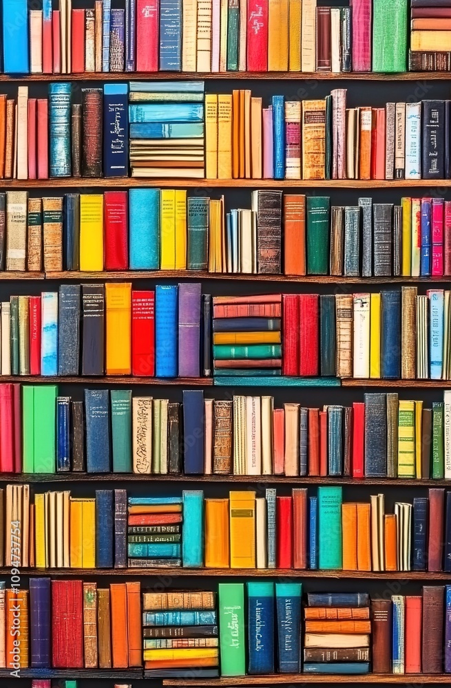 A wall of books, each book displaying its colorful cover A wall of books, each book displaying its colorful cover