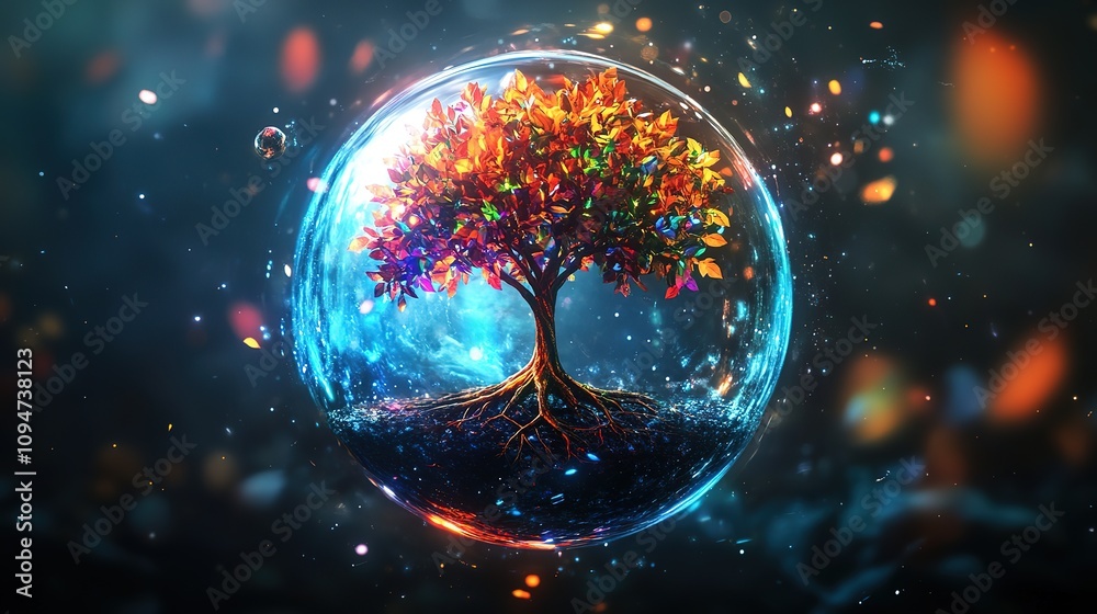 Colorful tree encased in a vibrant glass sphere. Colorful tree encased in a vibrant glass sphere.