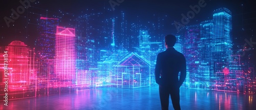 Immersive futuristic real estate concept a businessman unveiling holographic houses with dynamic smart technology, vibrant lighting, and a futuristic city skyline