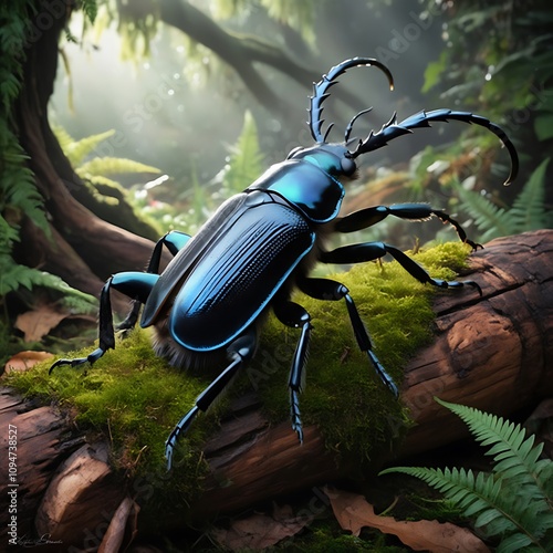 The majestic stag beetle has shiny black elytra. photo