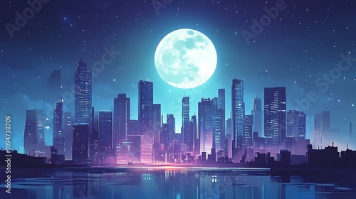 Cityscape Under a Full Moon - Digital Illustration. AI Generated